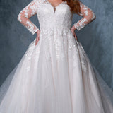 Michelle Bridal BB2213 Plus size A-line wedding dress with mesh and lace long sleeves, v-neckline, lace bodice, and sparkly tulle skirt. 