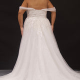 Plus size sexy bridal gown with sparkle tulle, high slit and drape sleeves. Michelle Bridal MB2315 in ivory