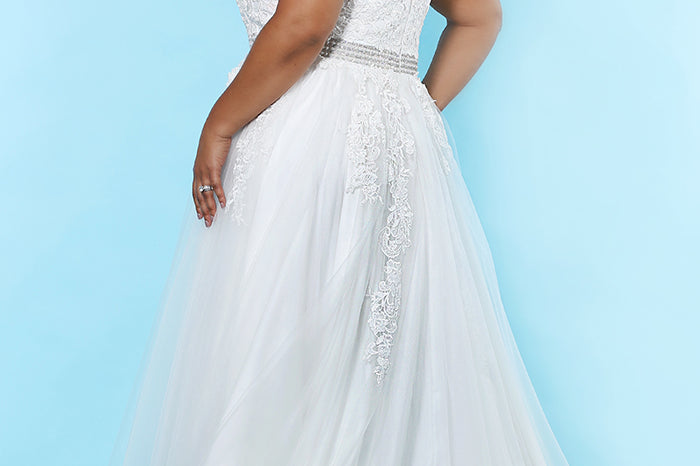 Plus Size informal weedding dress, lace, beaded belt, sizes 14-40, SC5230 A-line bridal dress with floral lace appliques, V-bodice with straps and beaded belt. Sydney's Closet  curvy wedding gowns