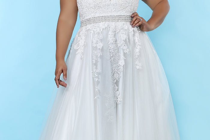 Plus Size informal weedding dress, lace, beaded belt, sizes 14-40, SC5230 A-line bridal dress with floral lace appliques, V-bodice with straps and beaded belt. Sydney's Closet  curvy wedding gowns