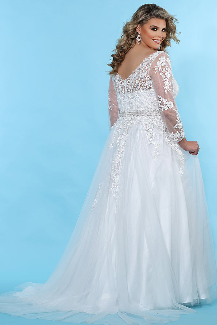 SC5234 plus size ivory bridal dress with V-neckline, illusion sleeves, A-line silhouette, floral appliques and full tulle skirt with beaded belt.