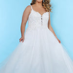SC5239 plus size ivory bridal gown with an A-line silhouette, sweetheart bodice with lace appliques, spaghetti straps, center-back zipper and full tulle skirt.
