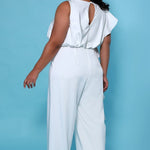 SC5244 Shania Jumpsuit by Sydney's Closet French Crepe fabric bra friendly sleeveless flounce on side of bodice and pant center back zipper available in Ivory