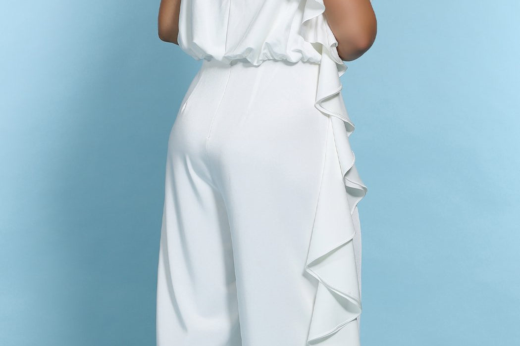 SC5244 Shania Jumpsuit by Sydney's Closet French Crepe fabric bra friendly sleeveless flounce on side of bodice and pant center back zipper available in Ivory