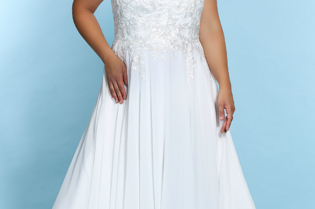 Stevie Bridal Gown SC5247 by Sydney's Closet zipper back chiffon skirt appliques on the bodice available in Ivory