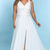 Joni Bridal Gown SC5252 by Sydney's Closet A-Line with belt and zipper back chiffon skirt with leg slit and appliques on the bodice available in Ivory 