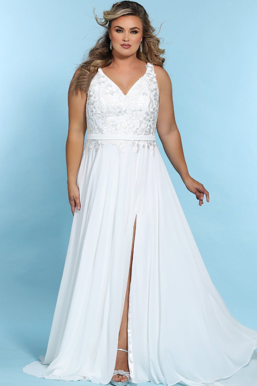 Joni Bridal Gown SC5252 by Sydney's Closet A-Line with belt and zipper back chiffon skirt with leg slit and appliques on the bodice available in Ivory 