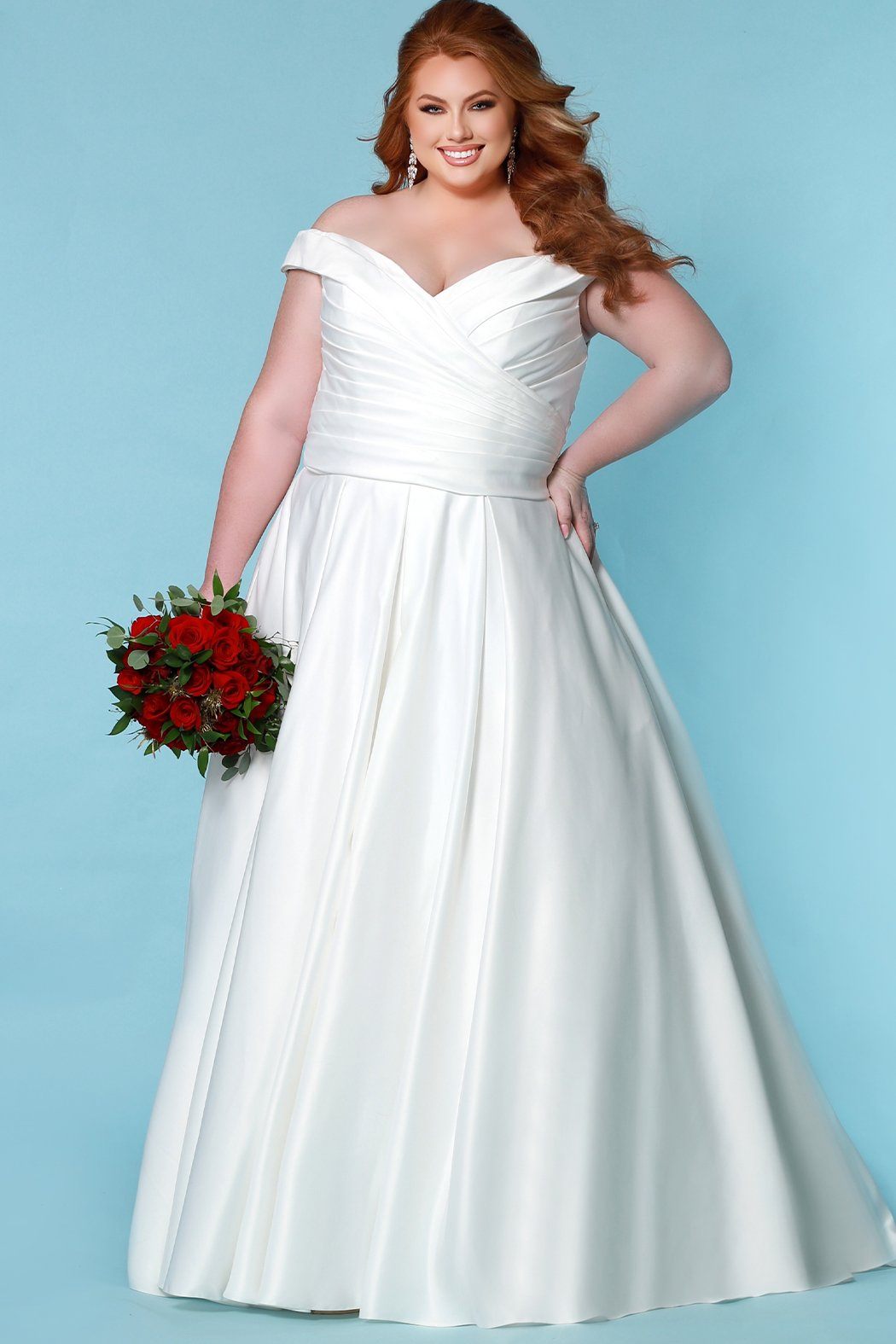 Stunning plus size ivory or black wedding gown SC5257 by Syudney's Closet. Pleated bodice, off-the-shoudler straps, pockets and full A-line skirt with covered buttons down the back. 