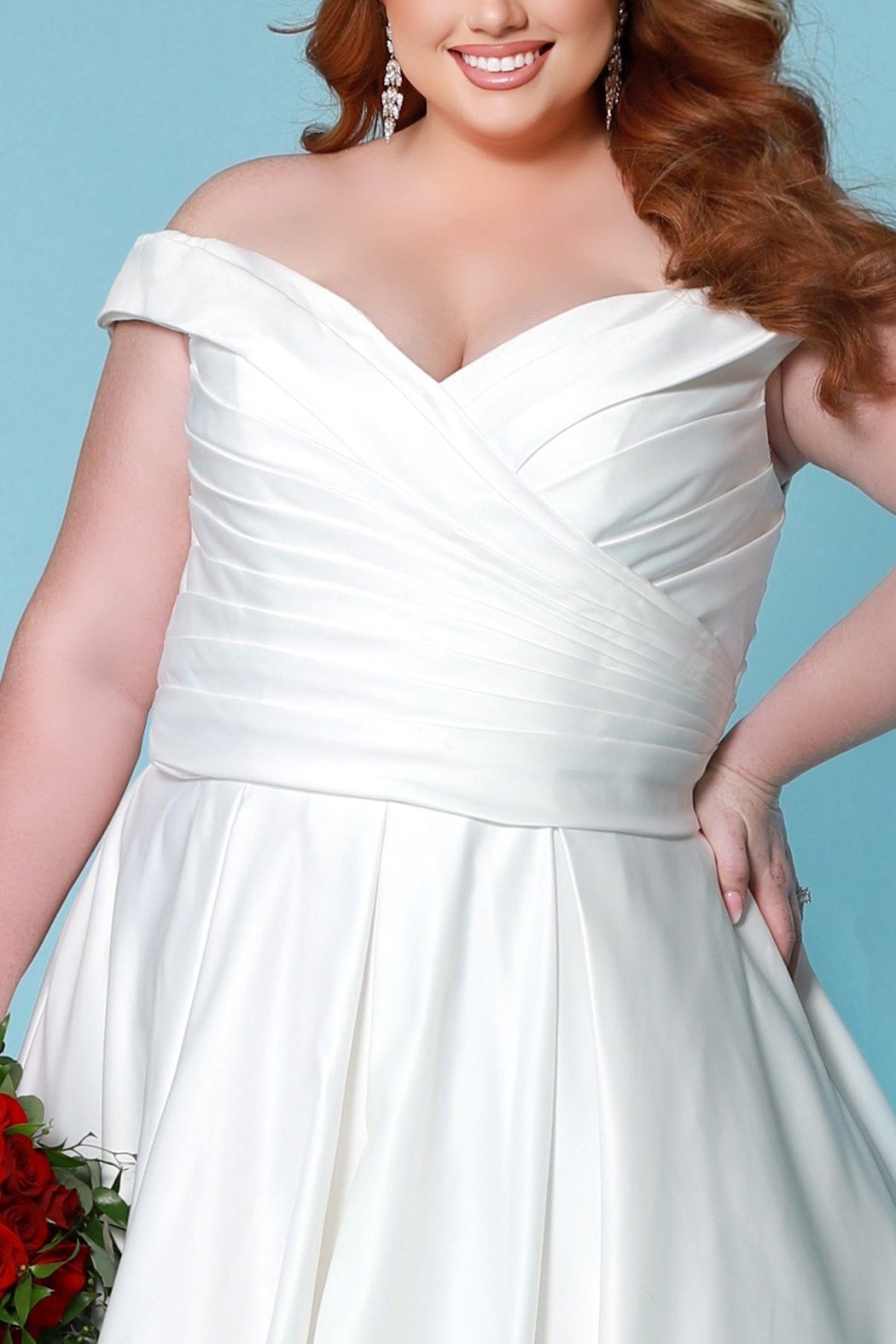 Stunning plus size ivory or black wedding gown SC5257 by Syudney's Closet. Pleated bodice, off-the-shoudler straps, pockets and full A-line skirt with covered buttons down the back. 