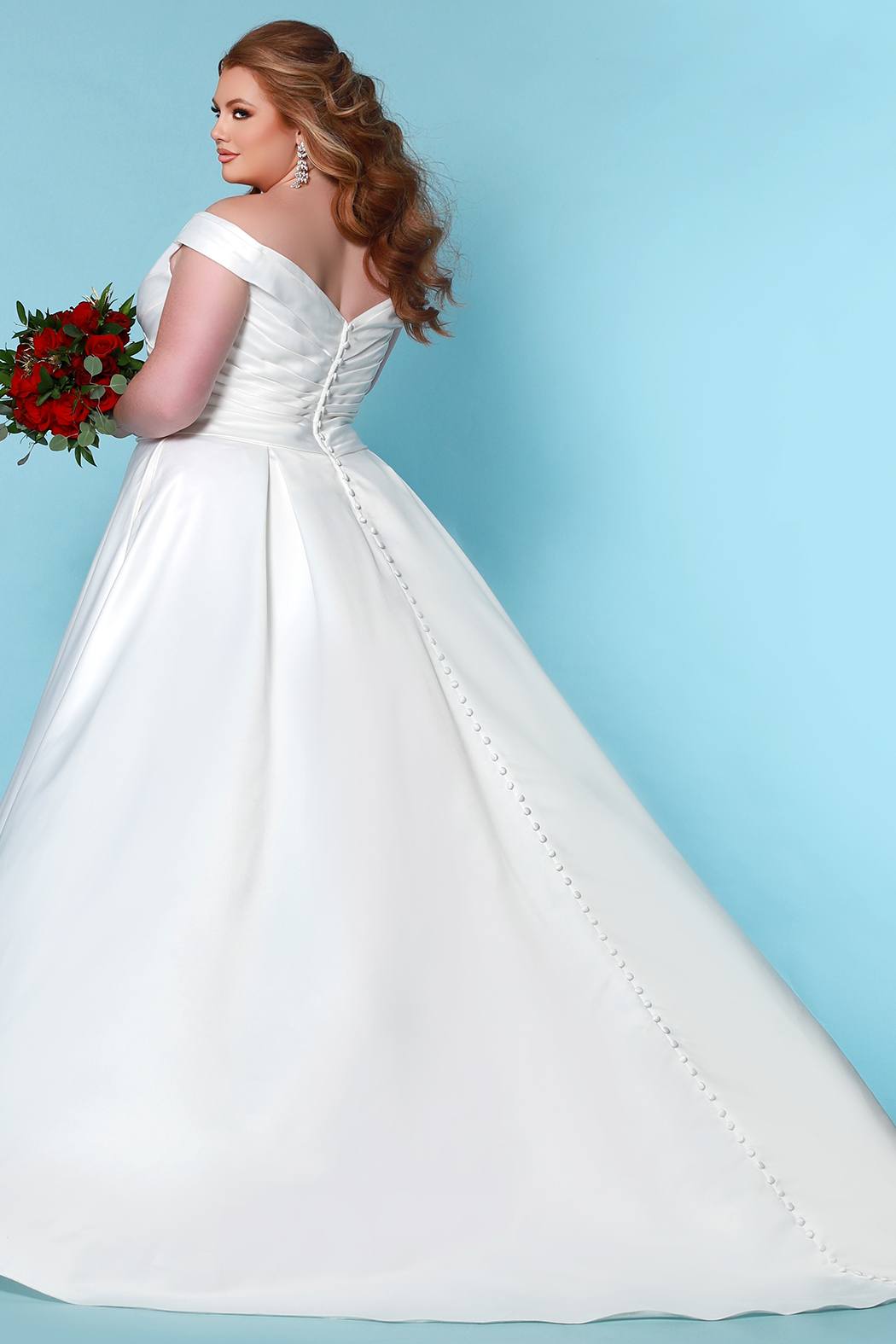 Stunning plus size ivory or black wedding gown SC5257 by Syudney's Closet. Pleated bodice, off-the-shoudler straps, pockets and full A-line skirt with covered buttons down the back. 