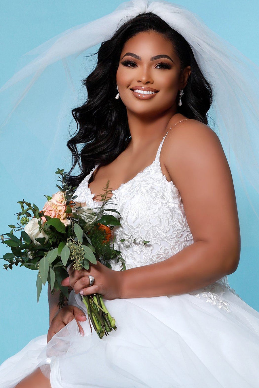 SC5263 Daisy Wedding Dress by Sydney's Closet, A line short wedding dress with tulle skirt and appliques on the bodice, straps and zipper back, available in ivory