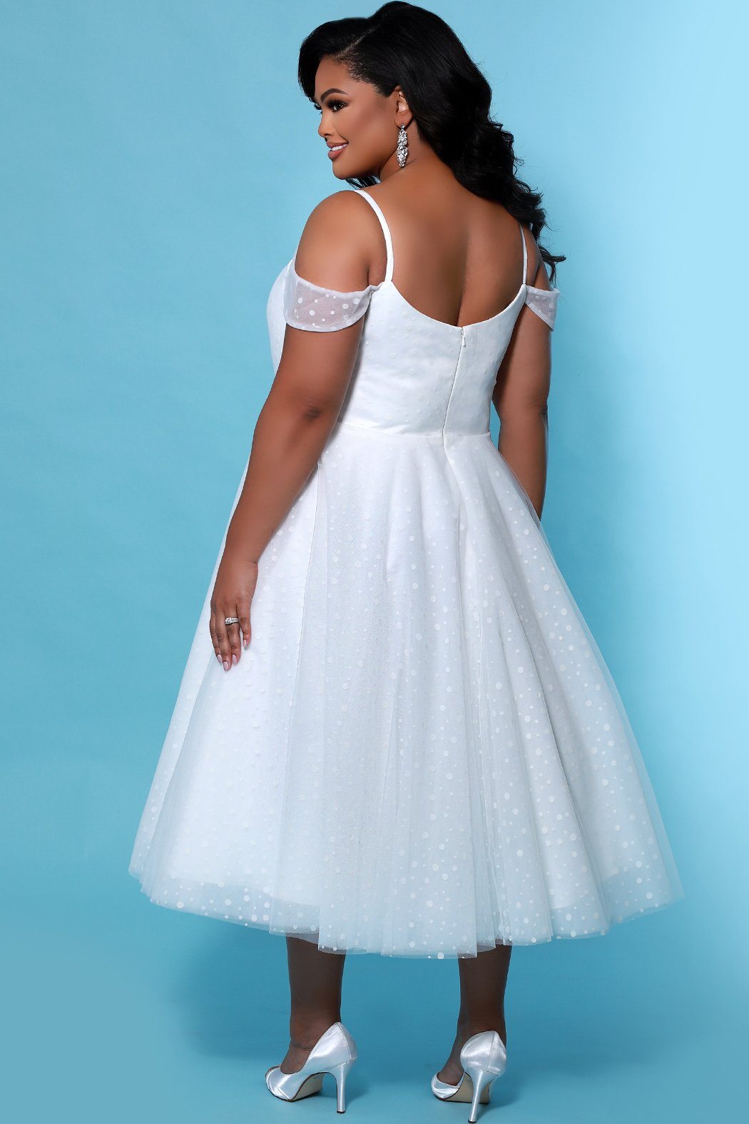 SC5264 Blossom Wedding Dress by Sydney's Closet, Aline short wedding dress with zipper back, dotted tulle skirt, v neckline and straps, available in black and ivory