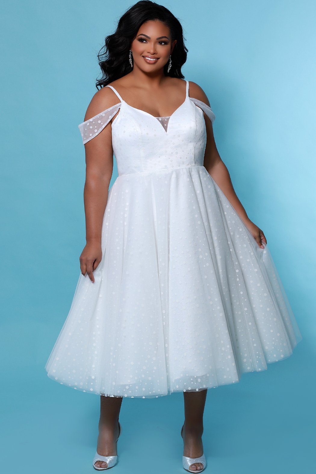 SC5264 Blossom Wedding Dress by Sydney's Closet, Aline short wedding dress with zipper back, dotted tulle skirt, v neckline and straps, available in black and ivory