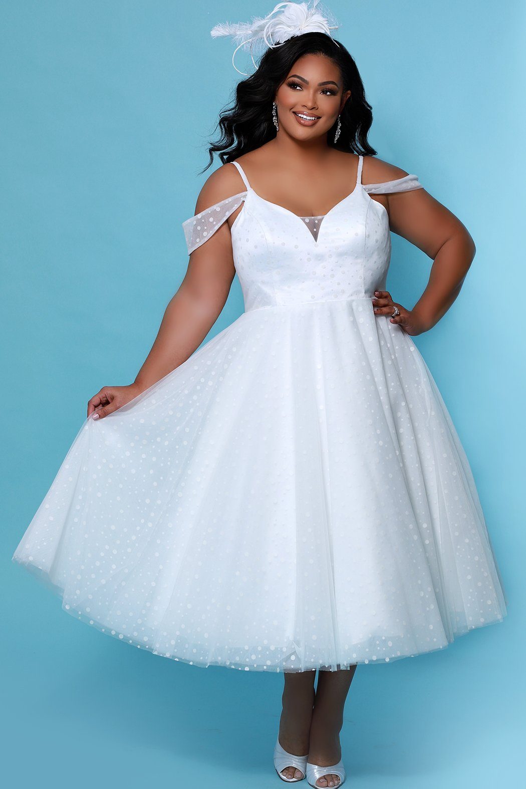 SC5264 Blossom Wedding Dress by Sydney's Closet, Aline short wedding dress with zipper back, dotted tulle skirt, v neckline and straps, available in black and ivory