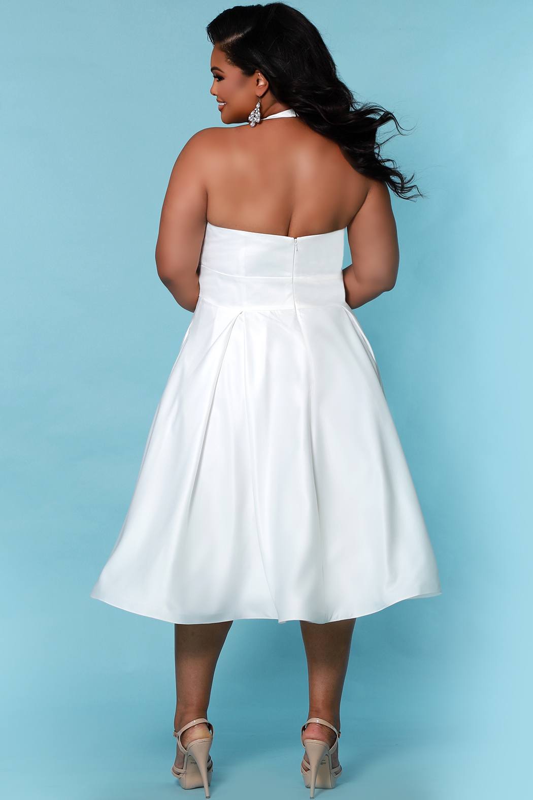 Sydney's Bridal by Sydney's Closet halter neckline aline skirt bridal tea legnth dress with pockets and zipper back available in ivory style SC5266 short plus size wedding dress