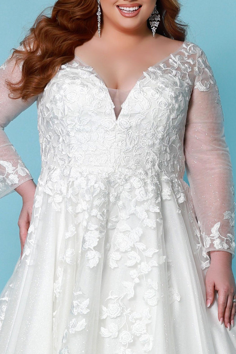 Sydney's Bridal by Sydney's Closet a line bridal gown with vneckline and illusion long sleeves center back zipper available in ivory SC5267
