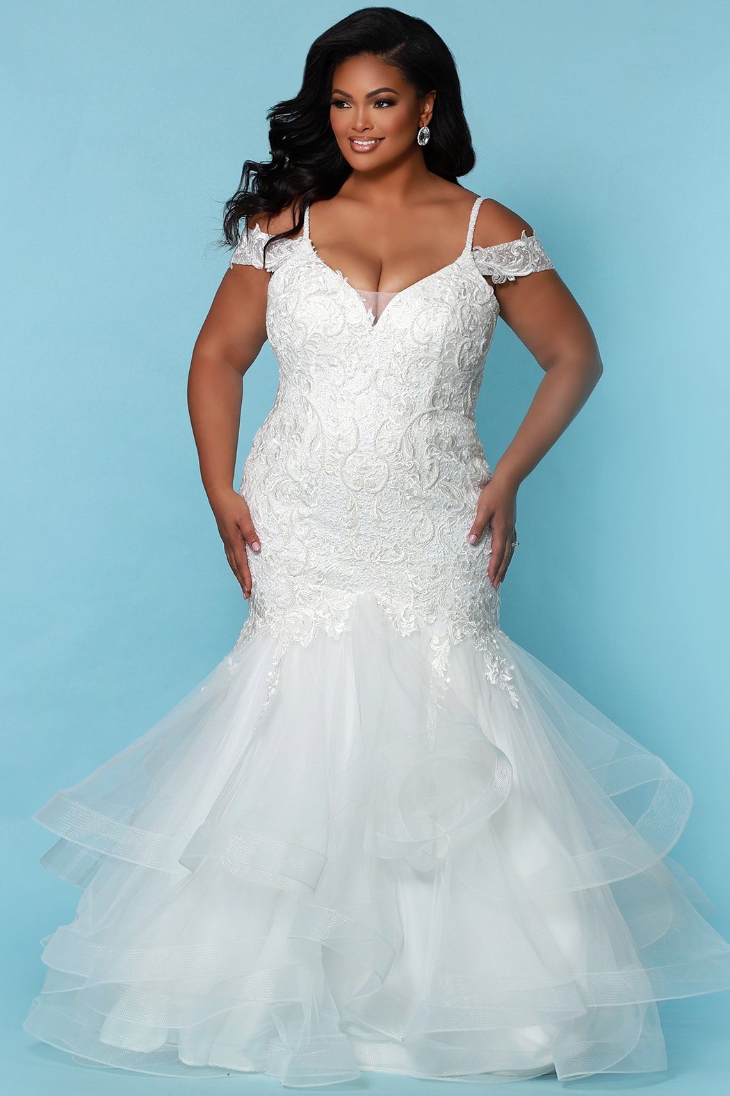 Sydney's Bridal by Sydney's Closet mermaid silhouette bridal gown with v neckline with optional off the shoulder sleeves with zipper back and layered tulle skirt available in ivory SC5268