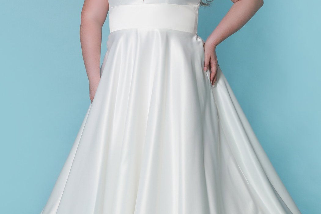 Sydney's Bridal by Sydney's Closet aline vneck bridal gown with adjustable spaghetti straps pockets and lace up back available in ivory Clementine Wedding Dress SC5269