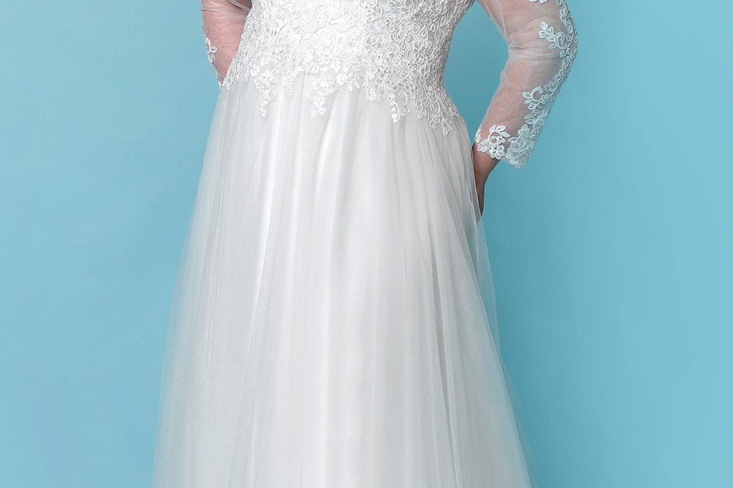  Sydney's Bridal by Sydney's Closet aline bridal gown with v neckline and long sleeves and lace up back available in ivory SC5271