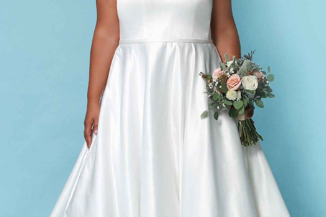 Sydney's Bridal by Sydney's Closet aline silhouette with v neckline and bra friendly straps half inch belt with lace insert in train and center back zipper available in ivory Macie Wedding Dress SC5272