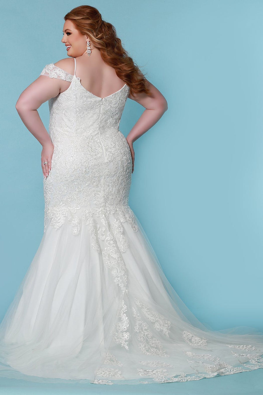 Sydney's Bridal by Sydney's Closet mermaid silhouette with off the shoulder straps and soft bridal tulle with center back zipper and corded lace appliques available in ivory SC5273