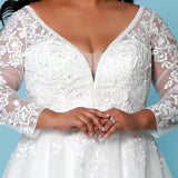Sydney's Bridal by Sydney's Closet aline vneckline bridal gown with long sleeved and 3d satin flower petals with center back zipper available in ivory SC5275