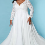   Sydney's Bridal by Sydney's Closet empire silhouette with v neckline and empire waist with long sleeves and chiffon skirt and a center back zipper available in ivory SC5276