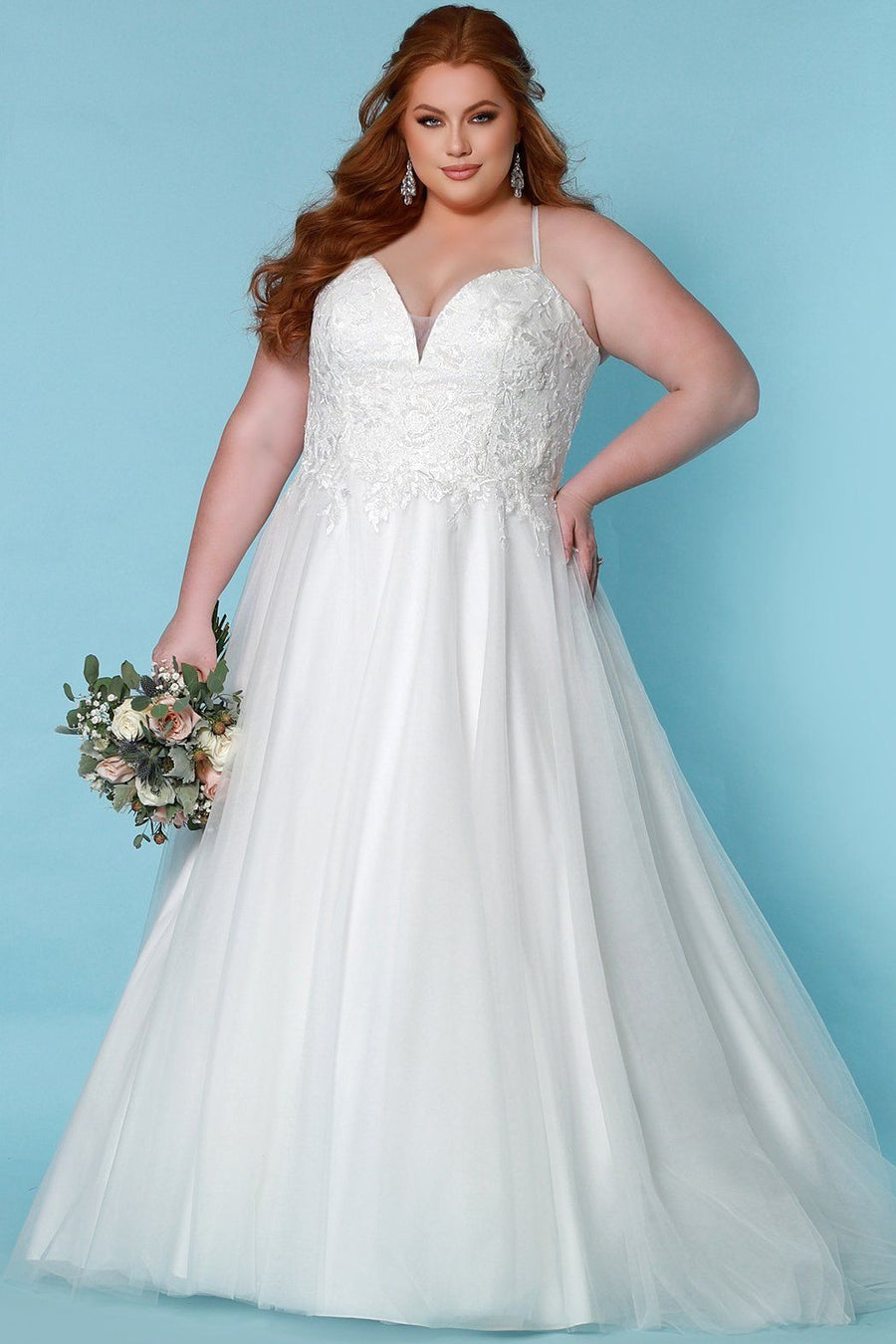 Sydney's Bridal by Sydney's Closet aline bridal gown with sweetheart neckline adjustable spaghetti straps built into lace up back and center back zipper available in ivory SC5277