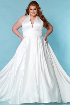 Sydney's Bridal by Sydney's Closet aline silhouette with v neckline and halter top bridal satin and light satin lining with center back zipper available in ivory Norma Jean Wedding Dress SC5279