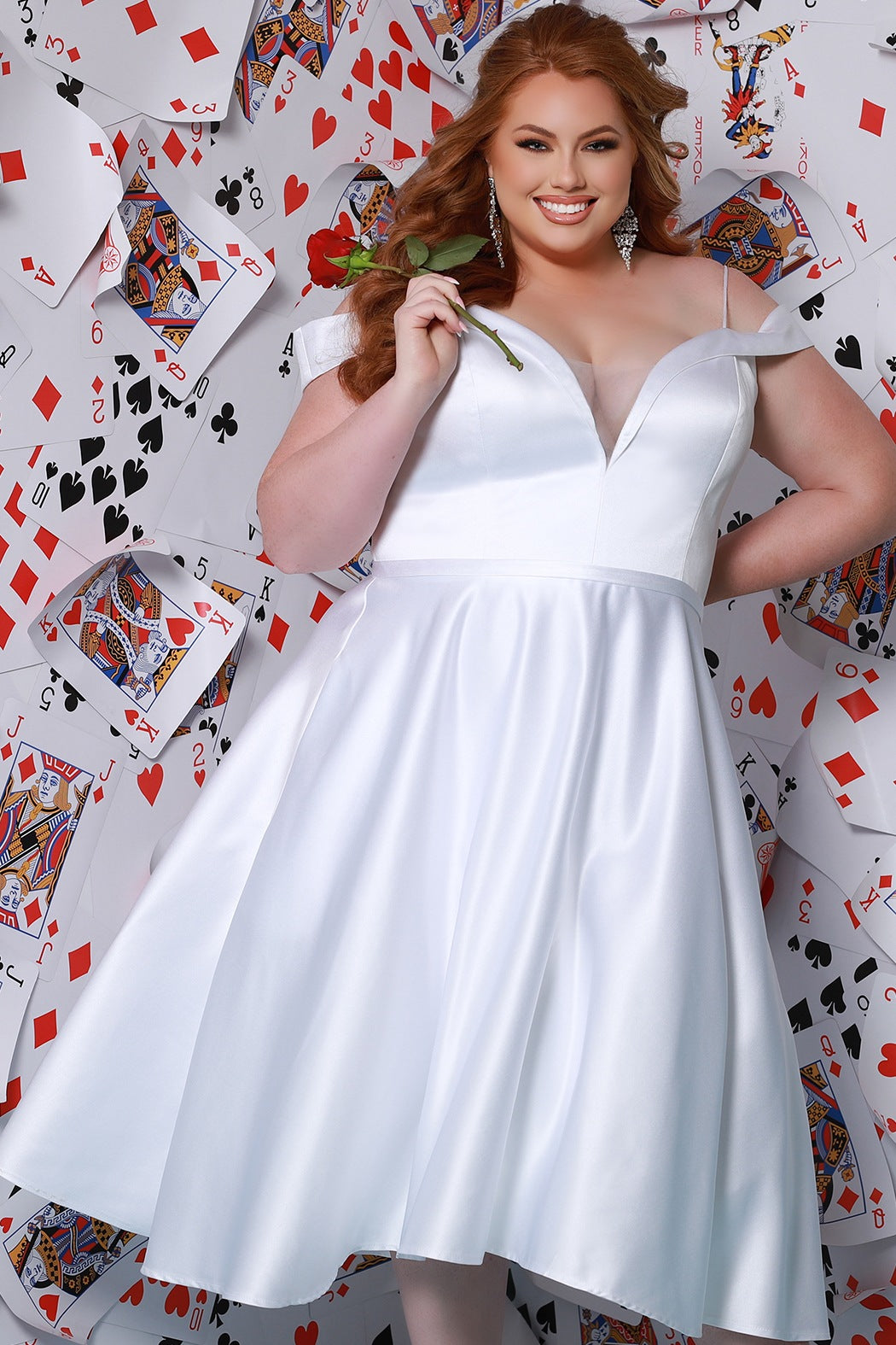 SC5280 Sydney's Closet plus size tea-lenght short wedding dress in white or black, satin, off-the-shoulder straps, pockets