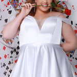 SC5280 Sydney's Closet plus size tea-lenght short wedding dress in white or black, satin, off-the-shoulder straps, pockets