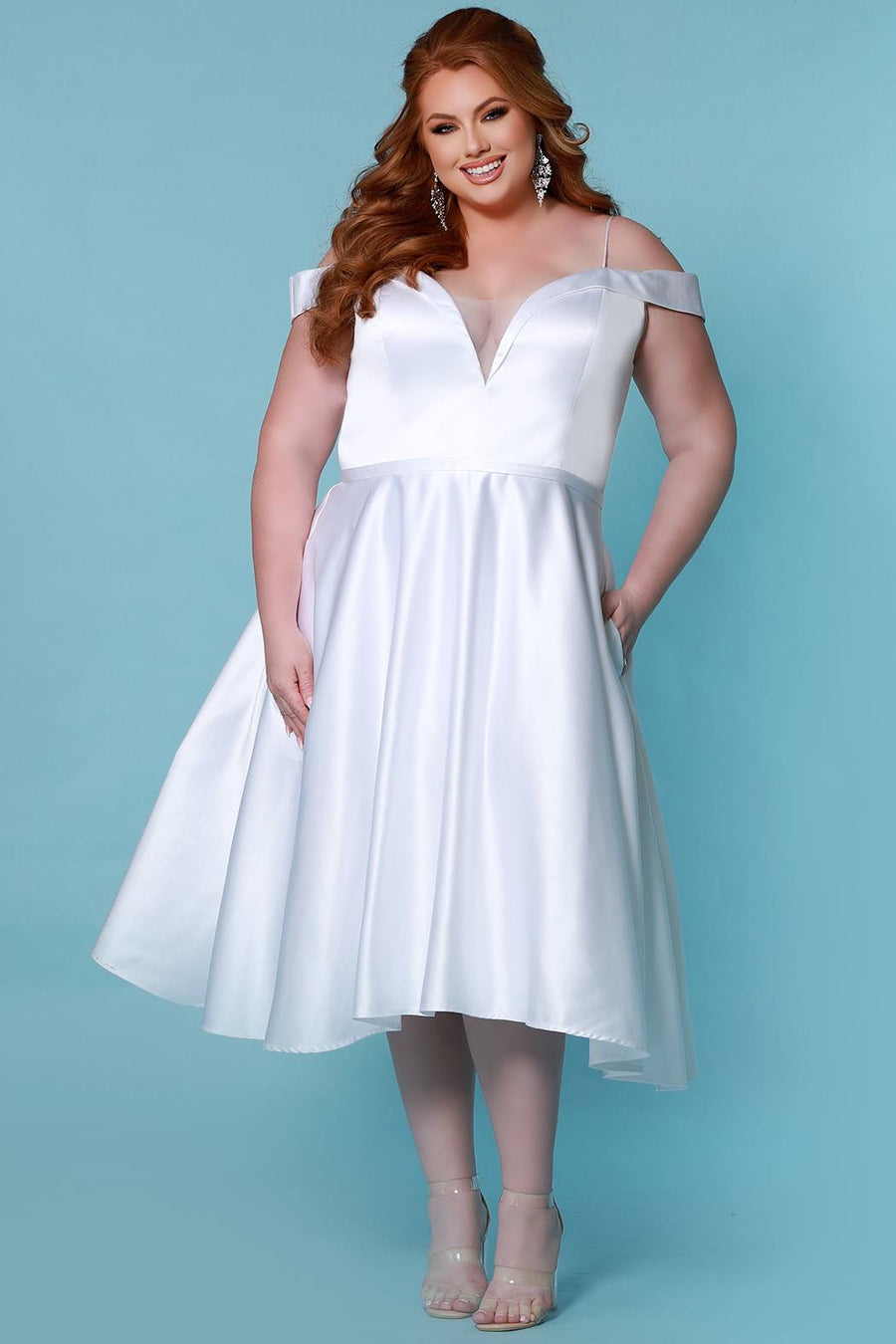 SC5280 Sydney's Closet plus size tea-lenght short wedding dress in white or black, satin, off-the-shoulder straps, pockets