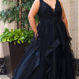 Sydney's Closet SC5285 black or ivory bridal ball gown with tiered skirt, lace detail, bra-friendly