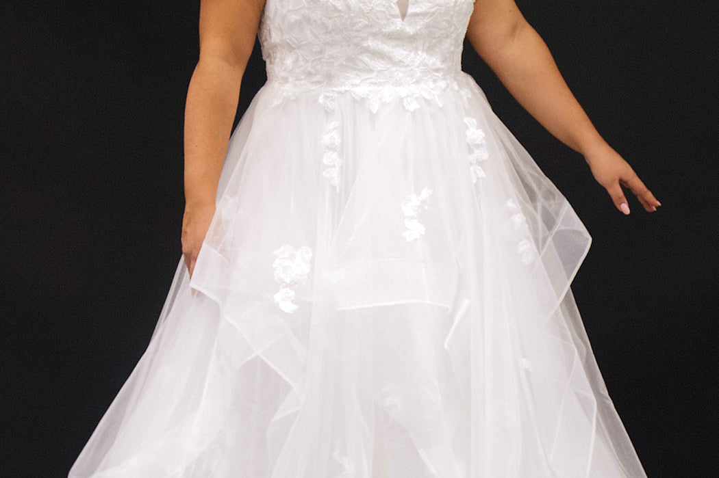 Sydney's Closet SC5285 black or ivory bridal ball gown with tiered skirt, lace detail, bra-friendly