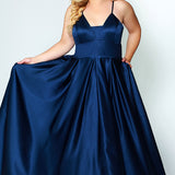 SC7270 classic a-line plussize prom gown with spaghetti straps, pockets and pleated skirt; available in black, navy, yellow, wisteria, mauve, sunshine, red and mint