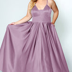 SC7270 classic a-line plussize prom gown with spaghetti straps, pockets and pleated skirt; available in black, navy, yellow, wisteria, mauve, sunshine, red and mint