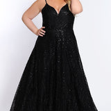 SC7286 Sydney's Closet Hollywood Sparkle Formal Gown onyx black, ivory, emerald, blue or platinum silver heavily sequined plus size prom or evening dress with spaghetti straps and piping belt.