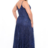 SC7286 Sydney's Closet Hollywood Sparkle Formal Gown onyx black, ivory, emerald, blue or platinum silver heavily sequined plus size prom or evening dress with spaghetti straps and piping belt.