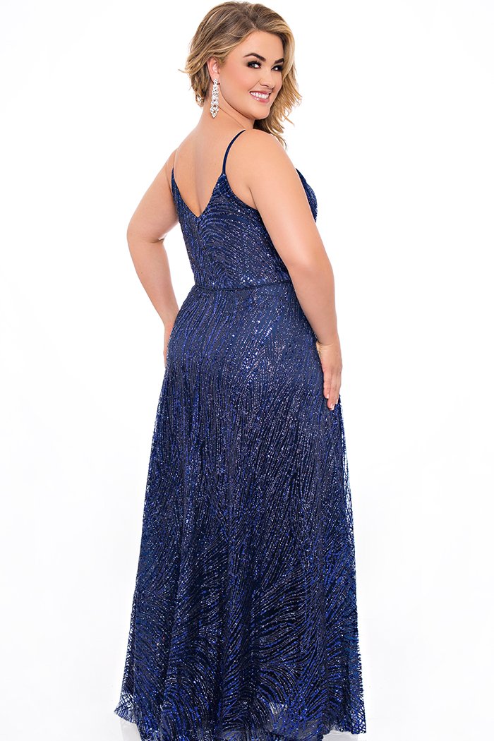 SC7286 Sydney's Closet Hollywood Sparkle Formal Gown onyx black, ivory, emerald, blue or platinum silver heavily sequined plus size prom or evening dress with spaghetti straps and piping belt.