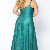SC7286 Sydney's Closet Hollywood Sparkle Formal Gown onyx black, ivory, emerald, blue or platinum silver heavily sequined plus size prom or evening dress with spaghetti straps and piping belt.