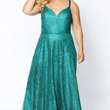 SC7286 Sydney's Closet Hollywood Sparkle Formal Gown onyx black, ivory, emerald, blue or platinum silver heavily sequined plus size prom or evening dress with spaghetti straps and piping belt.