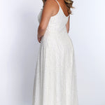 SC7286 Sydney's Closet Hollywood Sparkle Formal Gown onyx black, ivory, emerald, blue or platinum silver heavily sequined plus size prom or evening dress with spaghetti straps and piping belt.