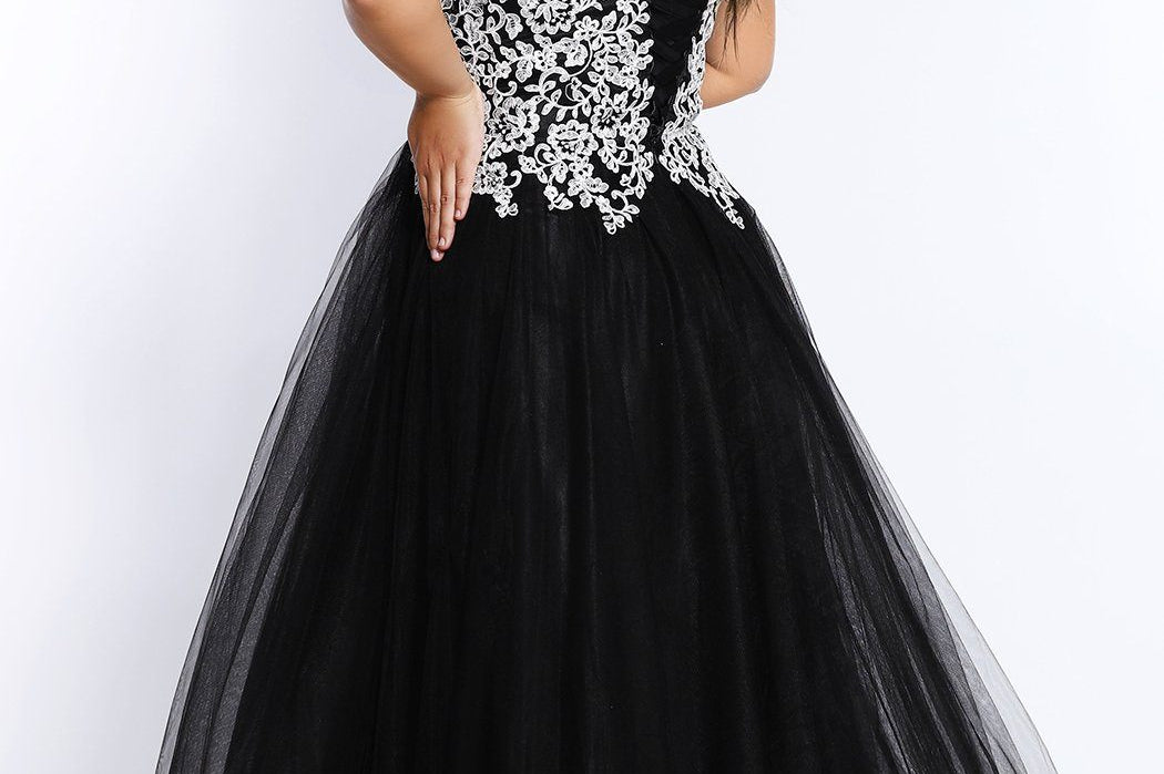 SC7291 by Sydney's Closet A-Line Prom Dress with V Neckline, Sleeveless and Lace - Up back; Tulle skirt with floral lace bodice available in Cherry, Navy, Black, Plum