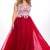 SC7291 by Sydney's Closet A-Line Prom Dress with V Neckline, Sleeveless and Lace - Up back; Tulle skirt with floral lace bodice available in Cherry, Navy, Black, Plum