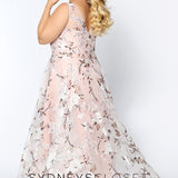 SC7295 blush floral plus size evening gown with V-neckline, full A-line skirt in a sheer floral chiffon over satin.