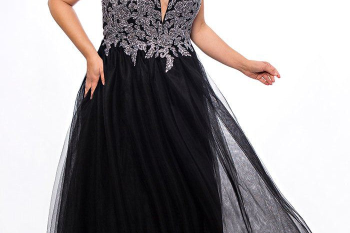 SC7298 plus size prom dress with V-neckline, silver appliques on bodice, bra-friendly straps and black tulle skirt.