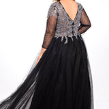 SC7299 plus size prom dress with V-neckline, silver appliques on bodice, long illusion mesh sleeves and black tulle skirt.