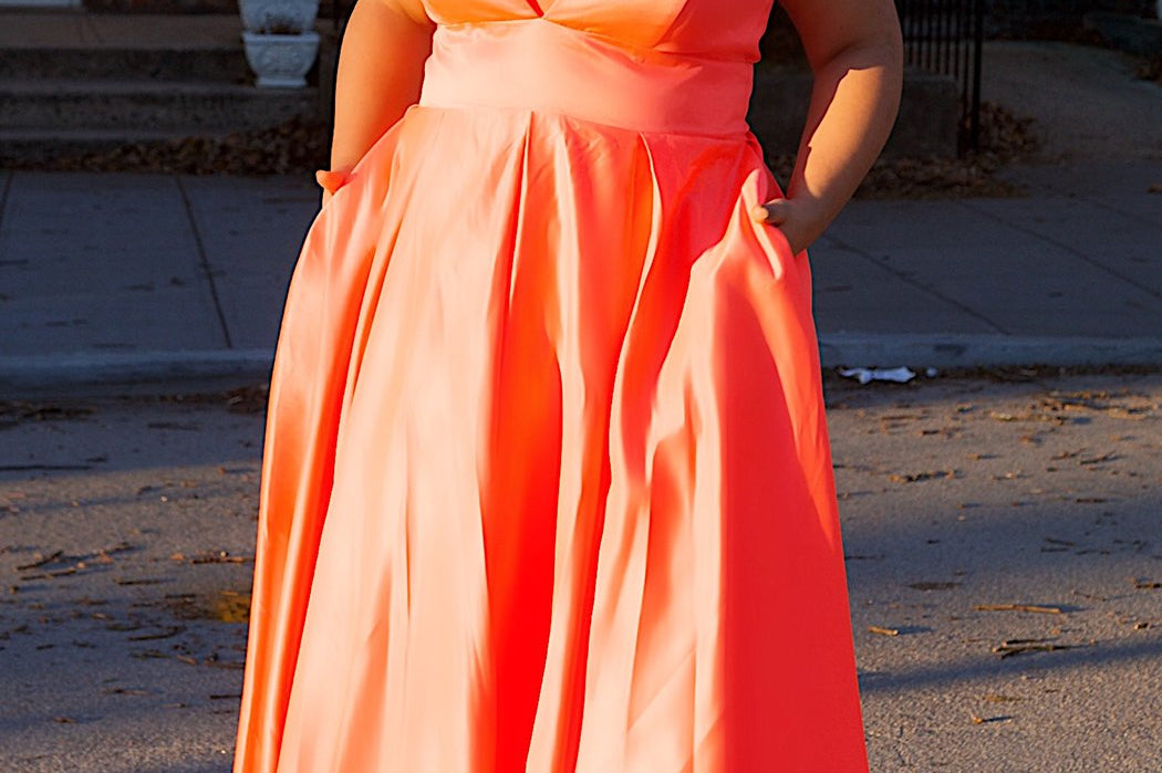SC7301 neon highlighter color prom evening dress plus size, pockts, straps, full skirt by Sydney's Closet