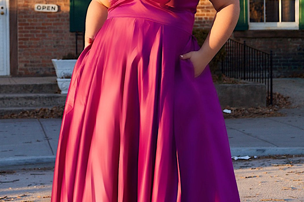SC7301 neon highlighter color prom evening dress plus size, pockts, straps, full skirt by Sydney's Closet