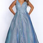 On Cloud Nine Prom Dress SC7311 by Sydney's Closet A-Line v-neck with pockets and zipper back bra friendly straps and metallic shimmery fabric with sequins on bodice available in cotton candy and lagoon